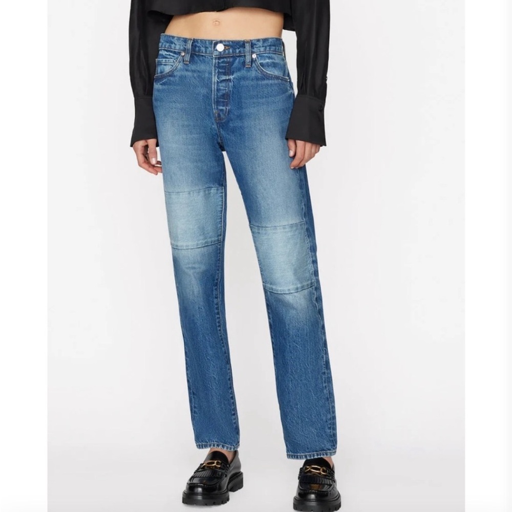 Frame Denim Jeans Le Slouch Patch Mending Blue Medium Wash Pants Straight Leg 28